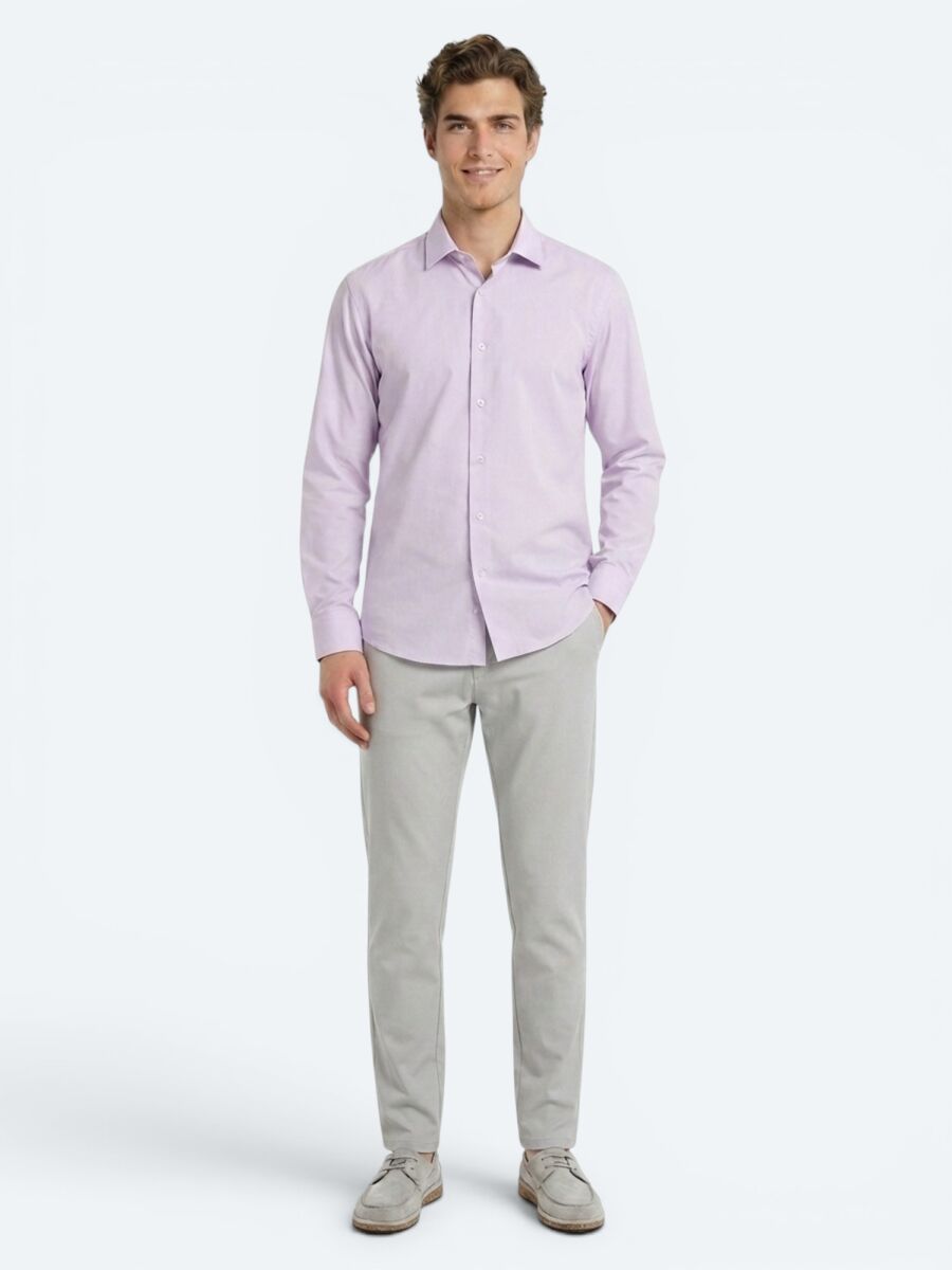 Light Pink Regular Fit Long Weaving Casual Cotton Blended Shirt - 4