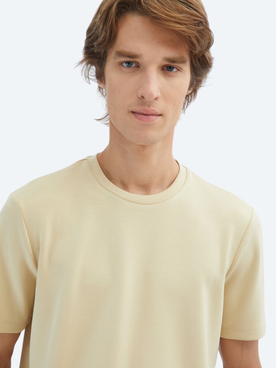 Light Yellow Plain Crew Neck T-Shirt - 3