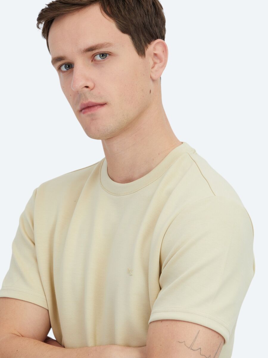 Light Yellow Plain Crew Neck T-Shirt - 3