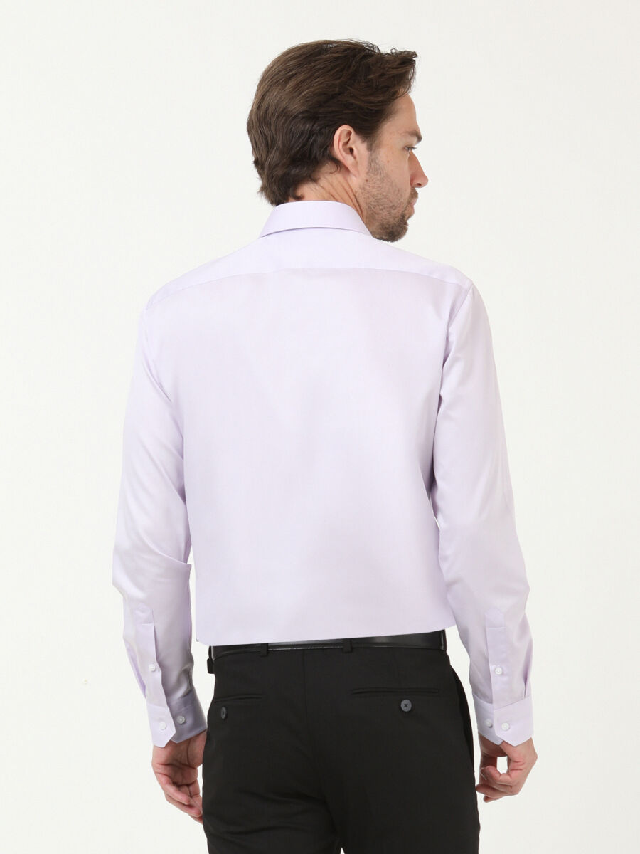 Lila Düz Slim Fit Dokuma Klasik %100 Pamuk Gömlek - 3