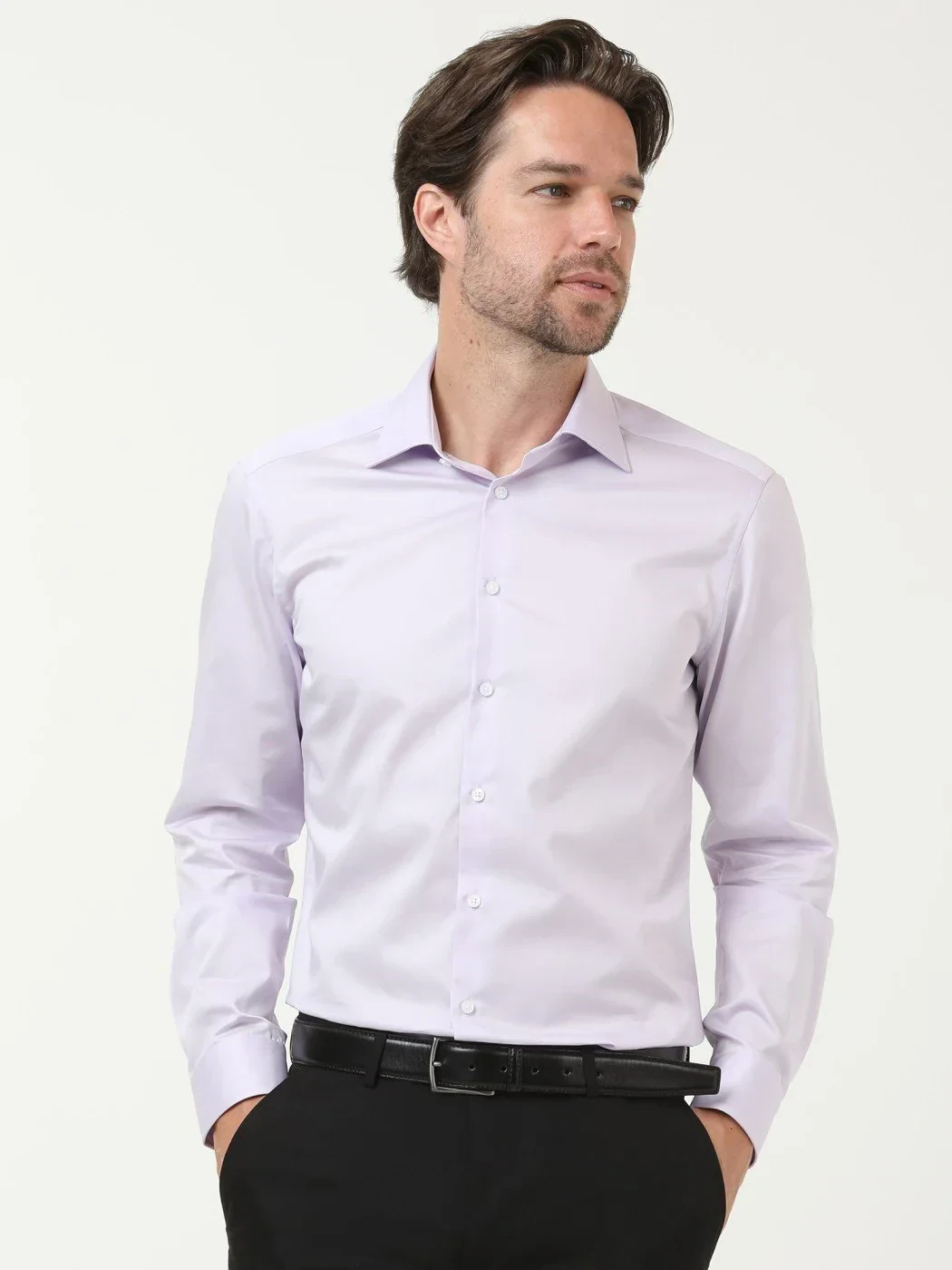 Lila Düz Slim Fit Dokuma Klasik %100 Pamuk Gömlek - 1