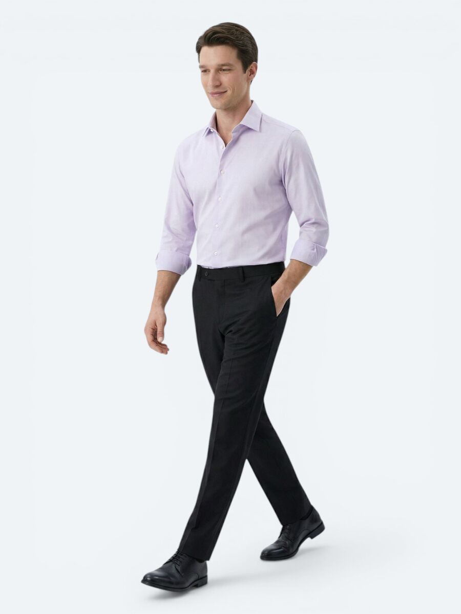 Lila Düz Slim Fit Uzun Dokuma Klasik %100 Pamuk Gömlek - 2