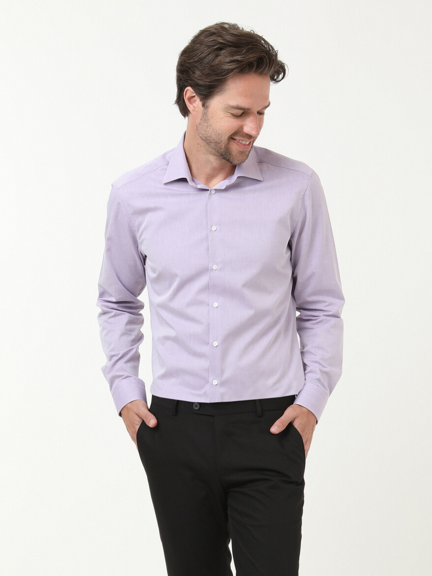 Lila Düz Slim Fit Uzun Dokuma Klasik Pamuk Karışımlı Gömlek 