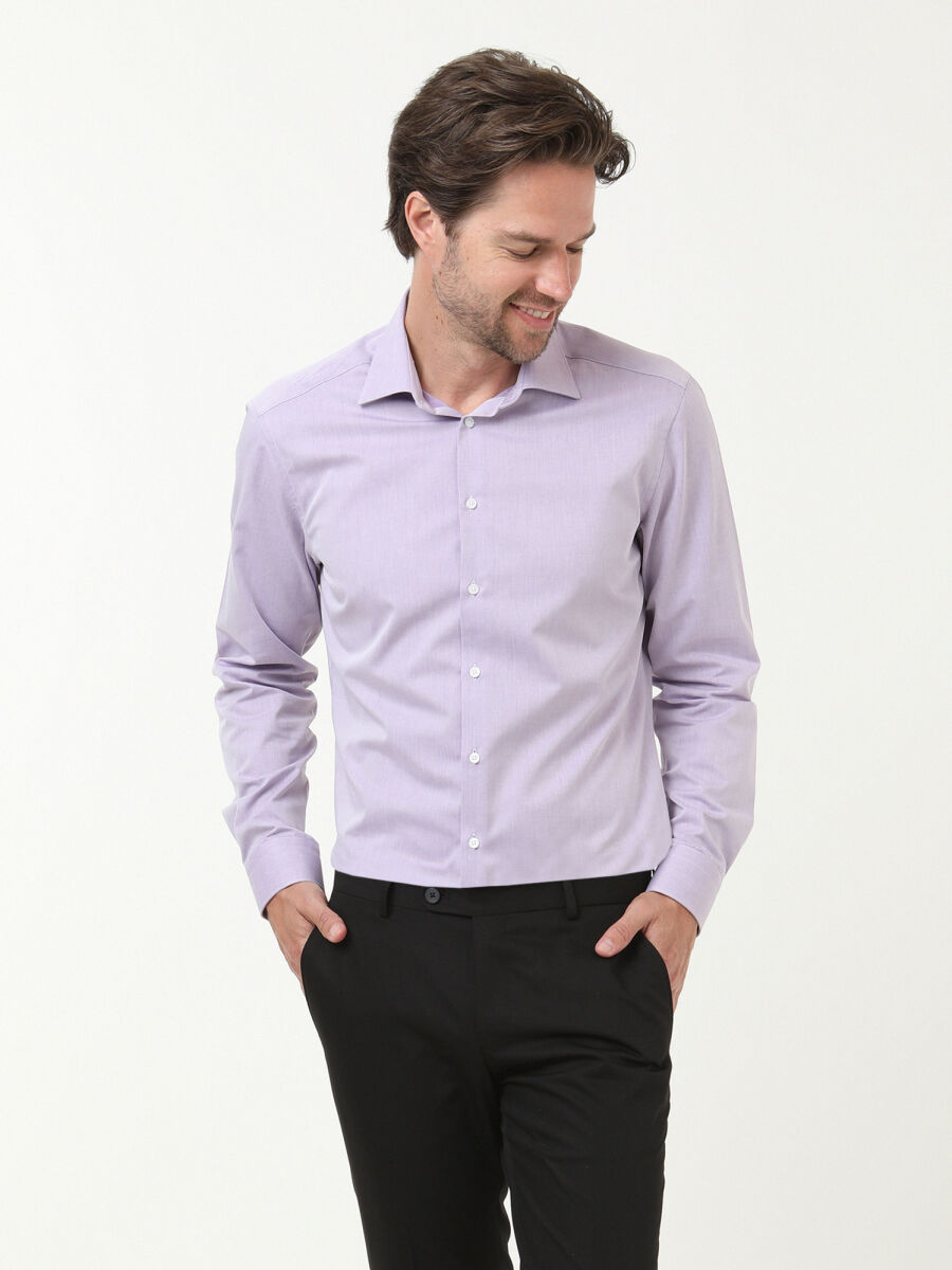 Lila Düz Slim Fit Uzun Dokuma Klasik Pamuk Karışımlı Gömlek - 1