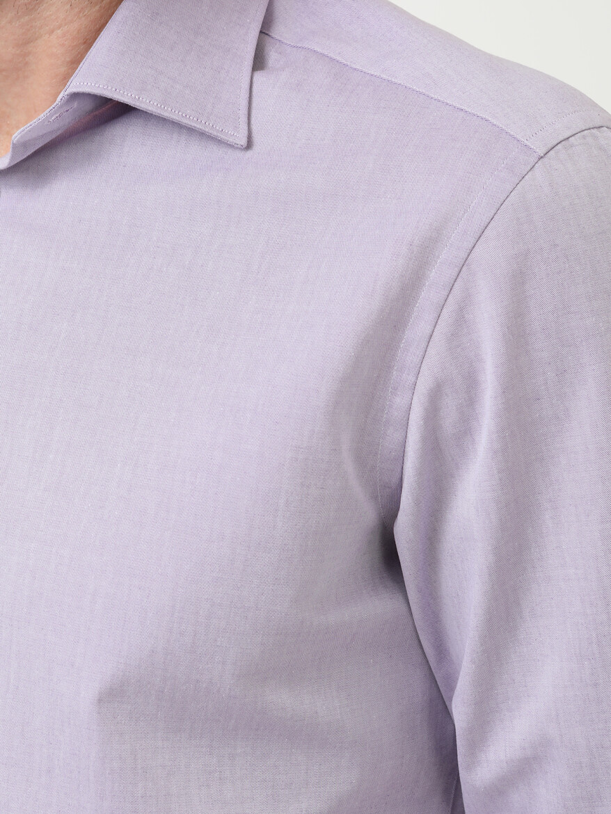 Lila Düz Slim Fit Uzun Dokuma Klasik Pamuk Karışımlı Gömlek - 2