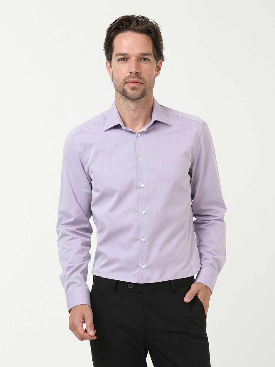 Lila Düz Slim Fit Uzun Dokuma Klasik Pamuk Karışımlı Gömlek - 3