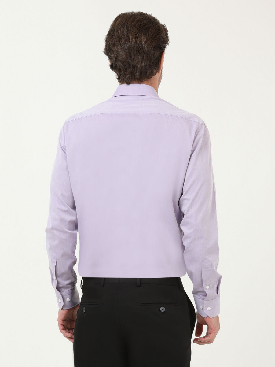 Lila Düz Slim Fit Uzun Dokuma Klasik Pamuk Karışımlı Gömlek - 4