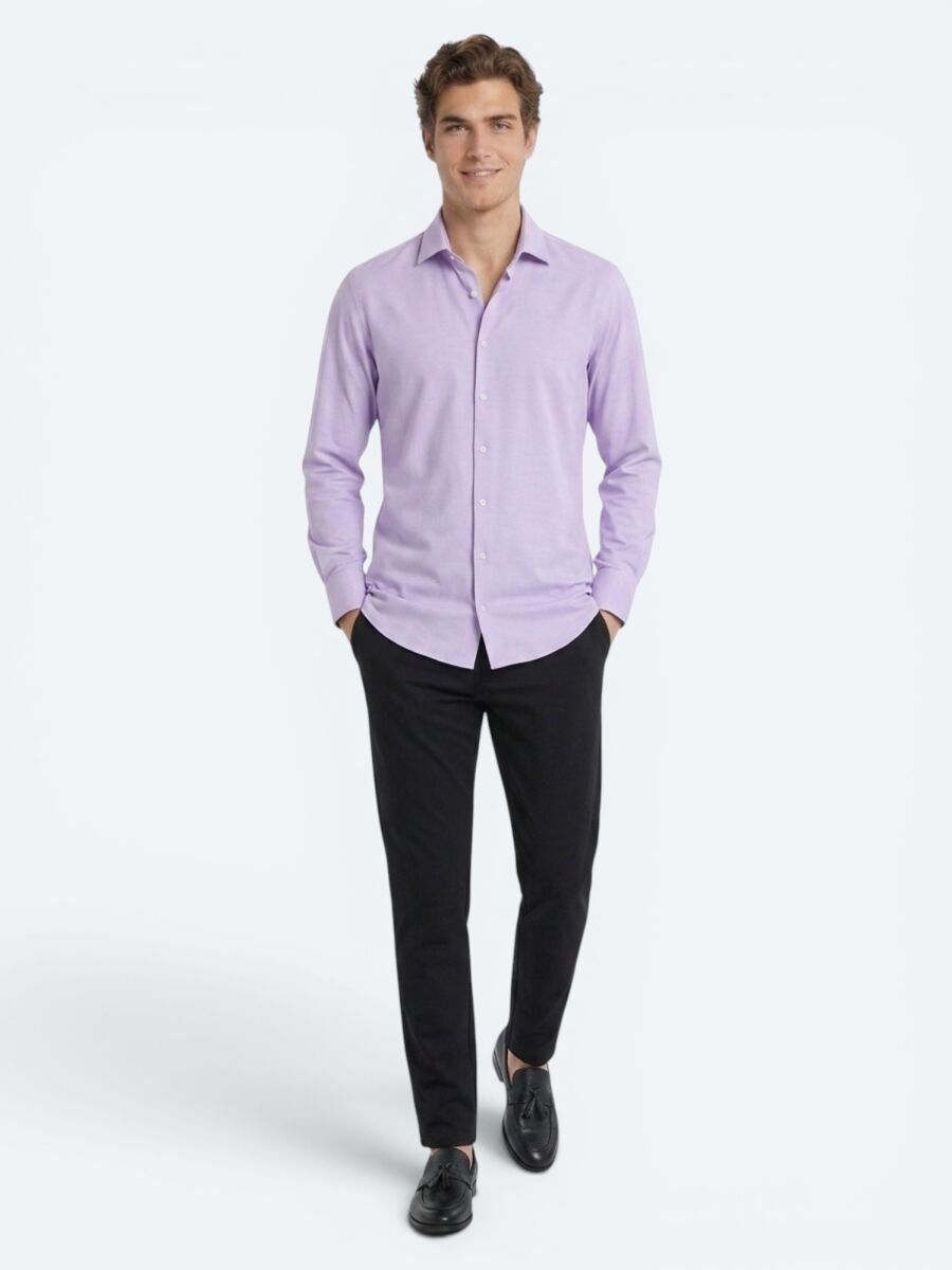 Lila Düz Slim Fit Uzun Dokuma Klasik Pamuk Karışımlı Gömlek - 2