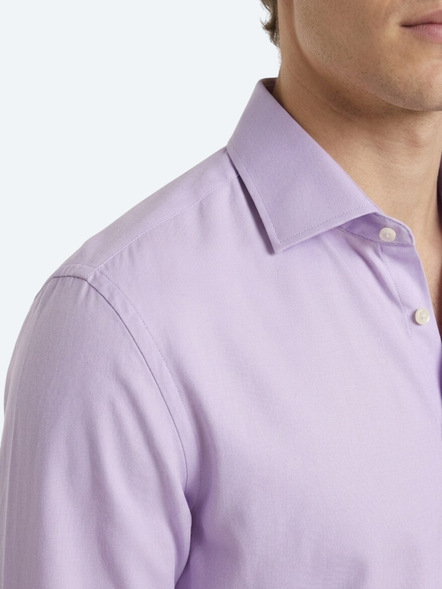 Lila Düz Slim Fit Uzun Dokuma Klasik Pamuk Karışımlı Gömlek - 3