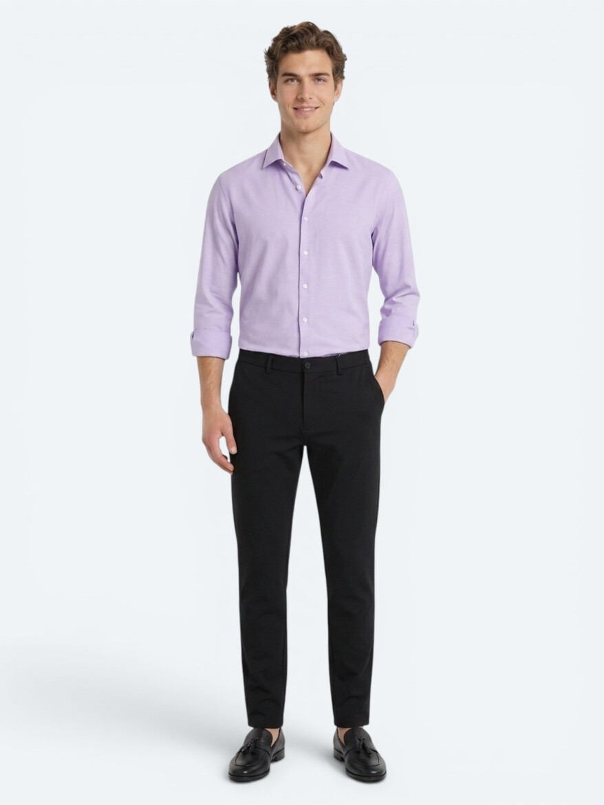 Lila Düz Slim Fit Uzun Dokuma Klasik Pamuk Karışımlı Gömlek - 4