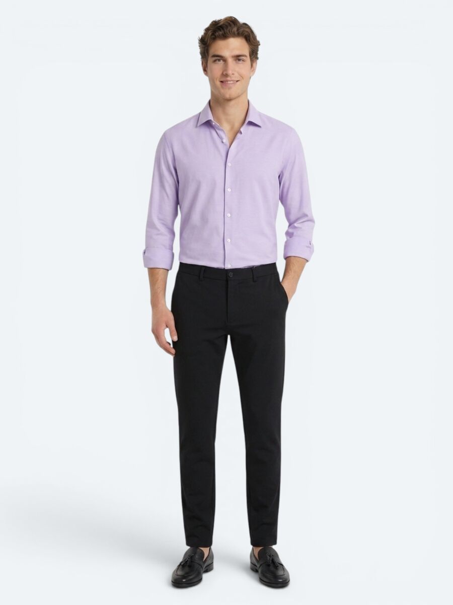 Lila Düz Slim Fit Uzun Dokuma Klasik Pamuk Karışımlı Gömlek - 4