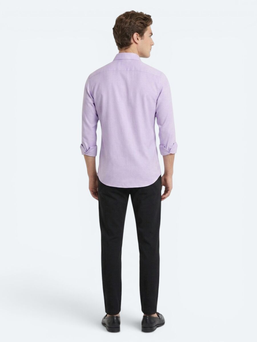 Lila Düz Slim Fit Uzun Dokuma Klasik Pamuk Karışımlı Gömlek - 5