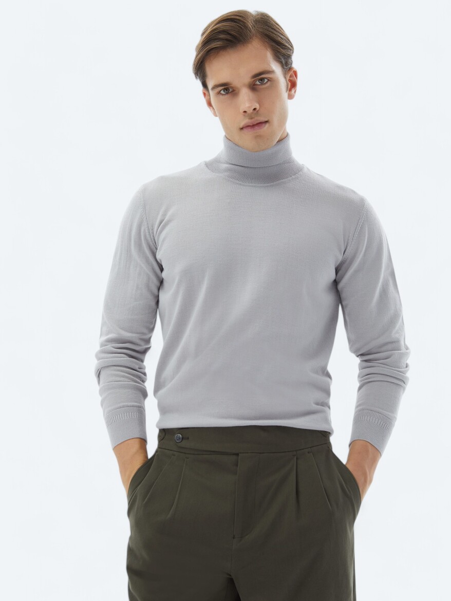 Lila Tam Balıkçı Yaka Düz Örgü Yün Karışımlı Triko Kazak 