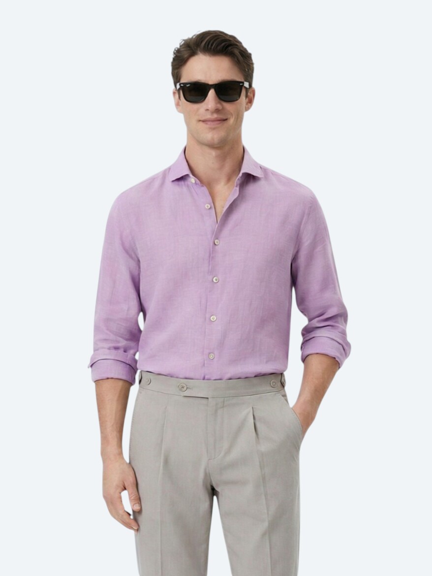 Lilac Plain Regular Fit Long Weaving Casual Cotton Blended Shirt 