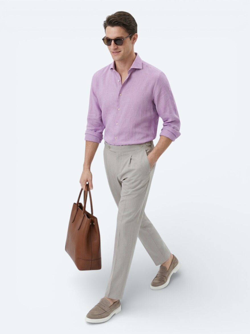 Lilac Plain Regular Fit Long Weaving Casual Cotton Blended Shirt - 3