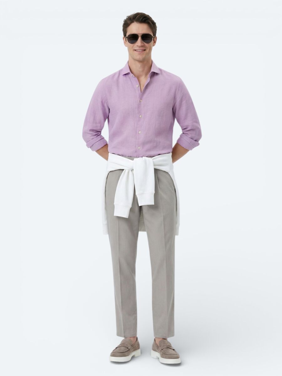 Lilac Plain Regular Fit Long Weaving Casual Cotton Blended Shirt - 4