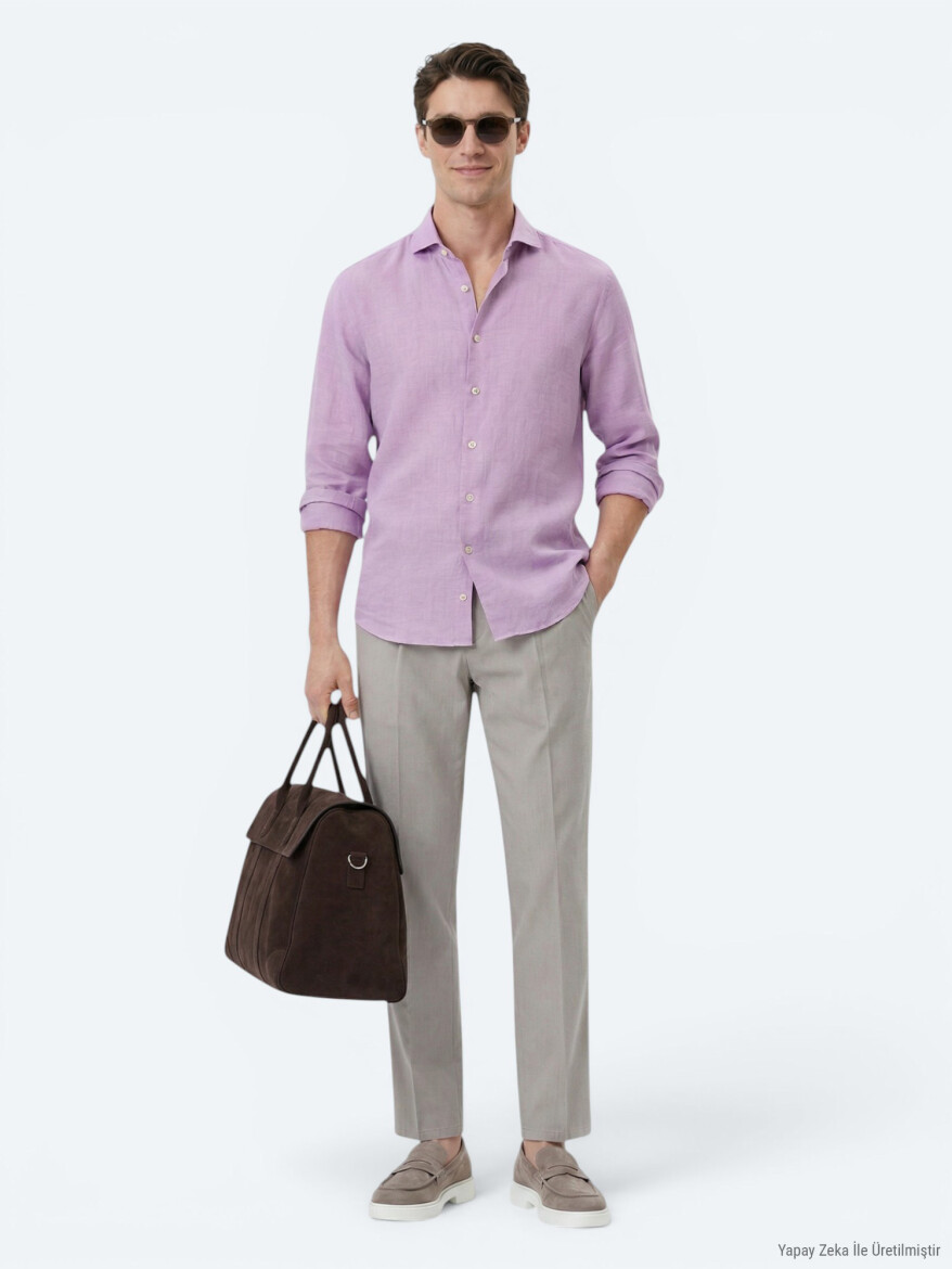 Lilac Plain Regular Fit Long Weaving Casual Cotton Blended Shirt - KİP