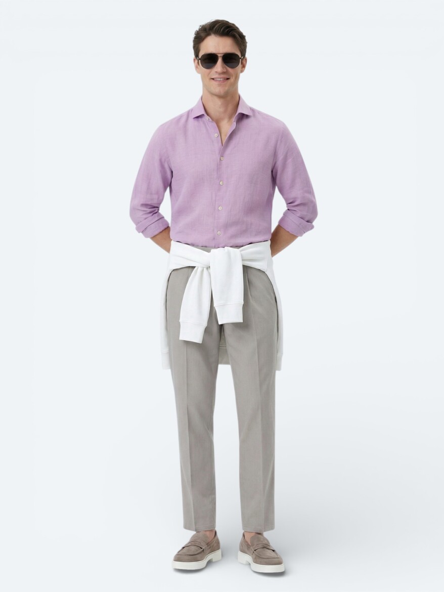 Lilac Plain Regular Fit Weaving Casual Cotton Blended Shirt - 4