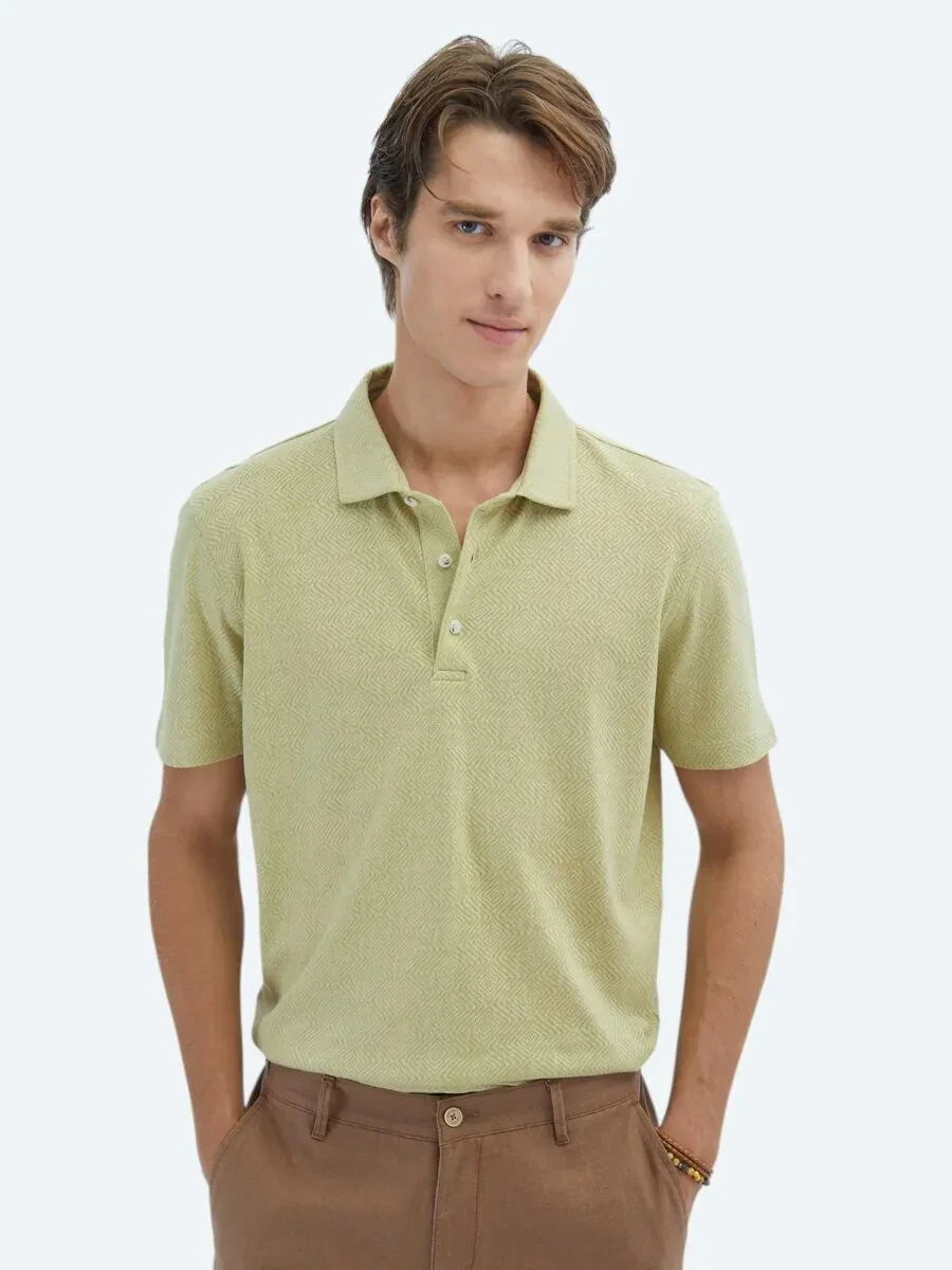 Limon Küfü Desenli Polo Yaka Pamuk Karışımlı T-Shirt - 1