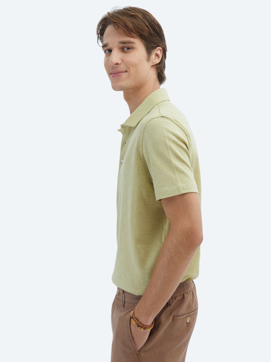 Limon Küfü Desenli Polo Yaka Pamuk Karışımlı T-Shirt - 4