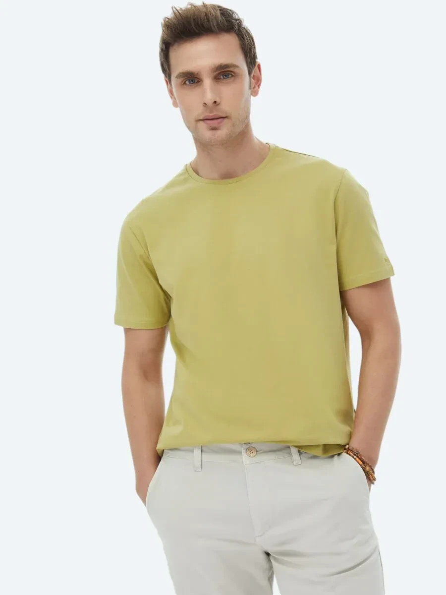 Limon Küfü Düz Bisiklet Yaka Pamuk Karışımlı T-Shirt - 1