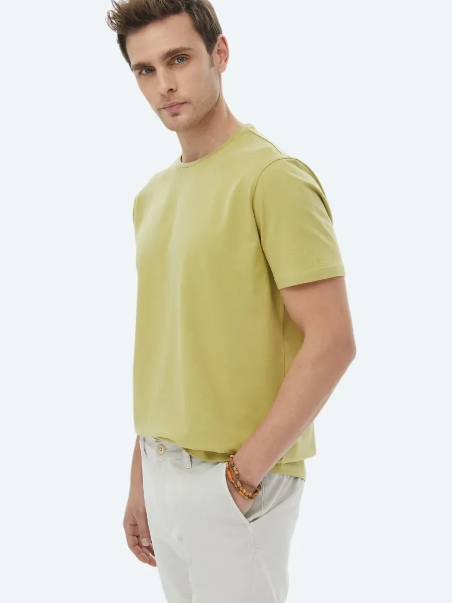 Limon Küfü Düz Bisiklet Yaka Pamuk Karışımlı T-Shirt - 3
