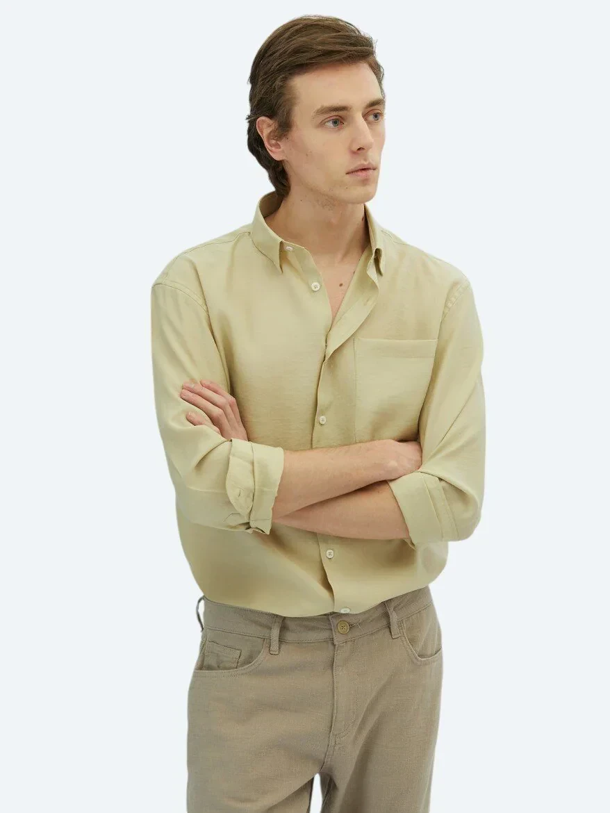 Limon Küfü Düz Oversize Fit Dokuma Casual Gömlek - 3