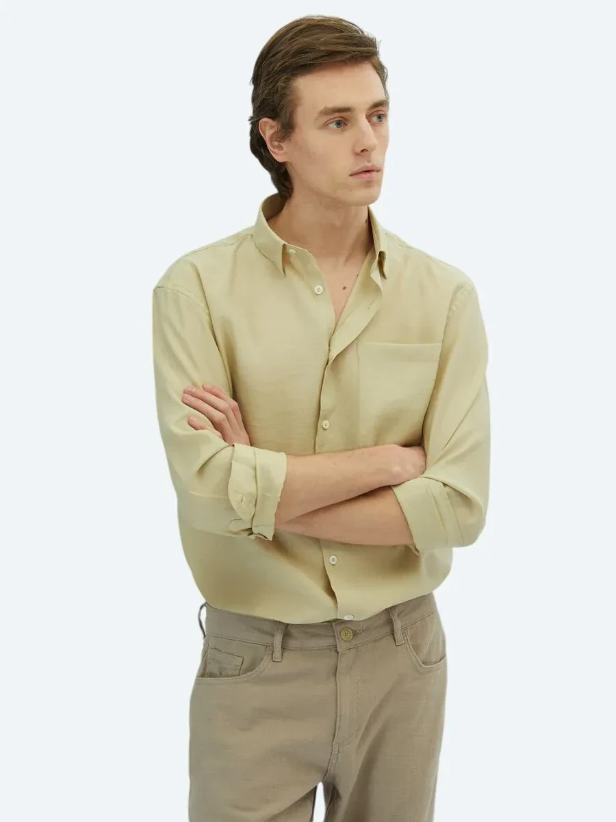 Limon Küfü Düz Oversize Fit Dokuma Casual Gömlek - 3