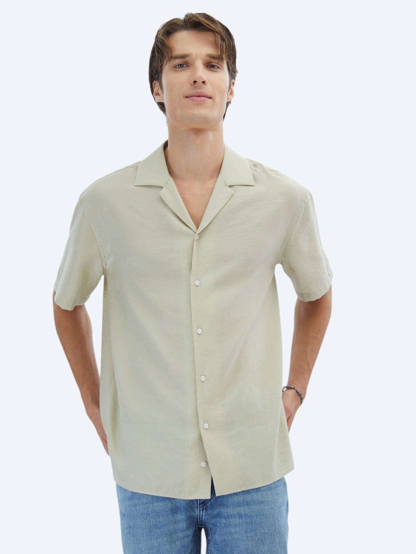 Erkek Limon Küfü Düz Oversize Fit Kısa Dokuma Casual Gömlek | KİP