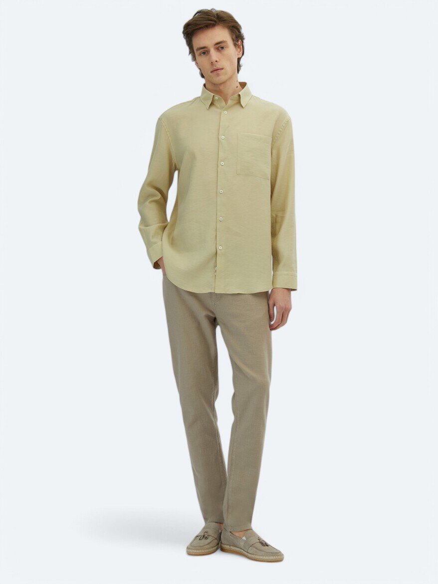 Limon Küfü Düz Oversize Fit Uzun Dokuma Casual Gömlek - 2