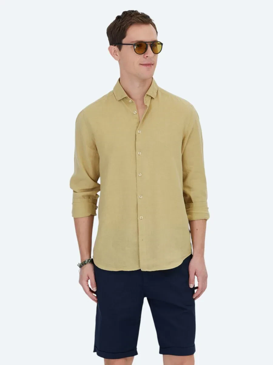 Limon Küfü Düz Regular Fit Dokuma Casual Pamuk Karışımlı Gömlek - 1