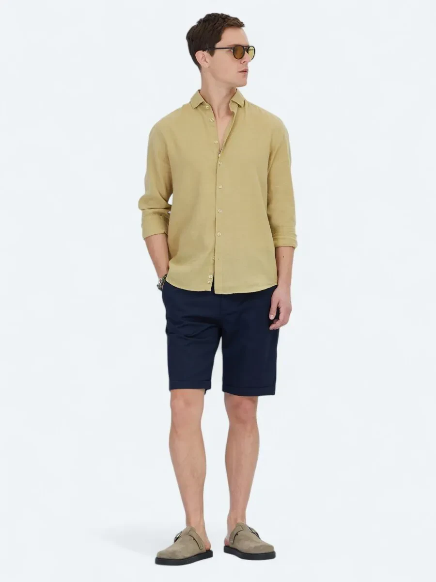 Limon Küfü Düz Regular Fit Dokuma Casual Pamuk Karışımlı Gömlek - 2