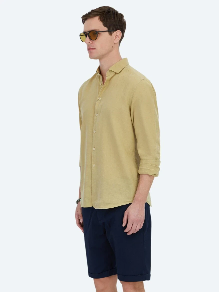 Limon Küfü Düz Regular Fit Dokuma Casual Pamuk Karışımlı Gömlek - 3