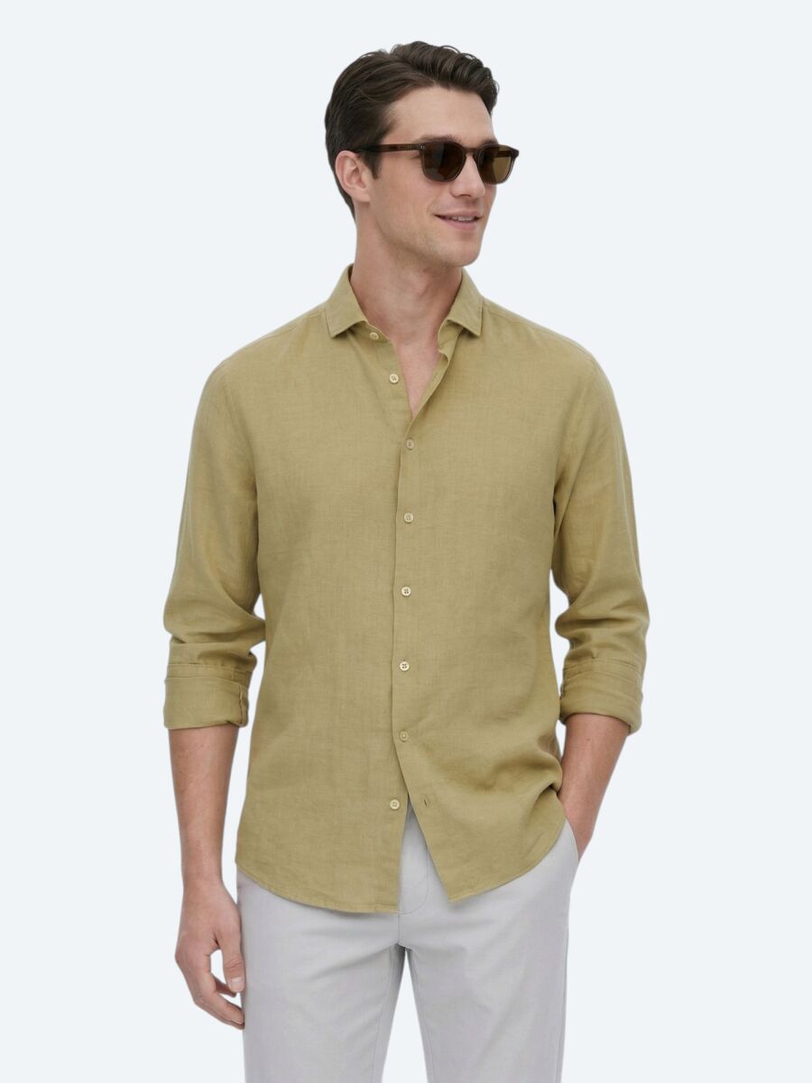 Limon Küfü Düz Regular Fit Uzun Dokuma Casual Pamuk Karışımlı Gömlek - 1