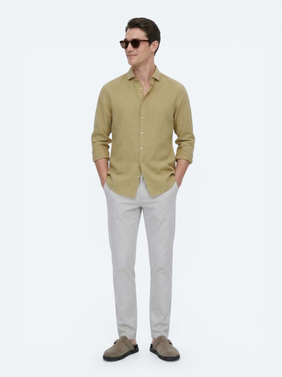 Limon Küfü Düz Regular Fit Uzun Dokuma Casual Pamuk Karışımlı Gömlek - 2
