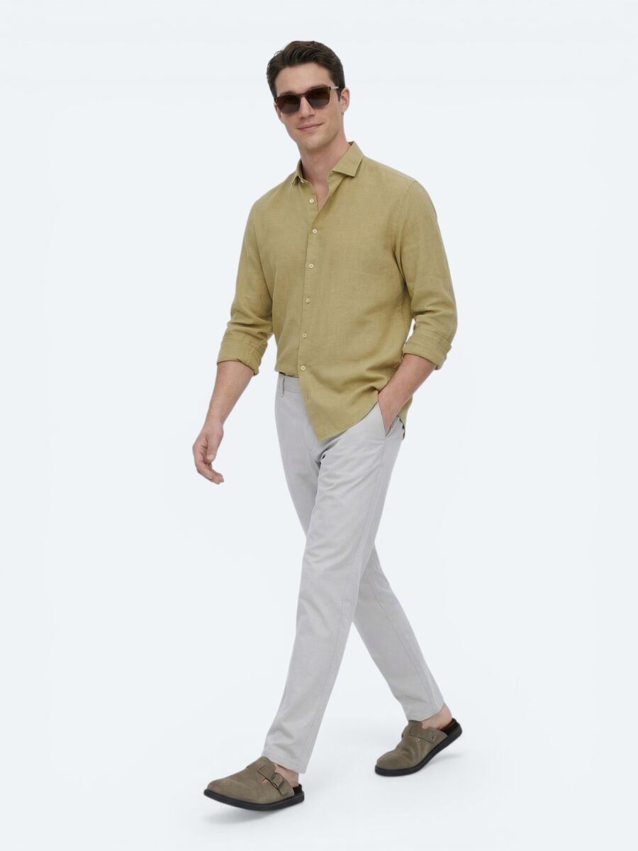 Limon Küfü Düz Regular Fit Uzun Dokuma Casual Pamuk Karışımlı Gömlek - 3