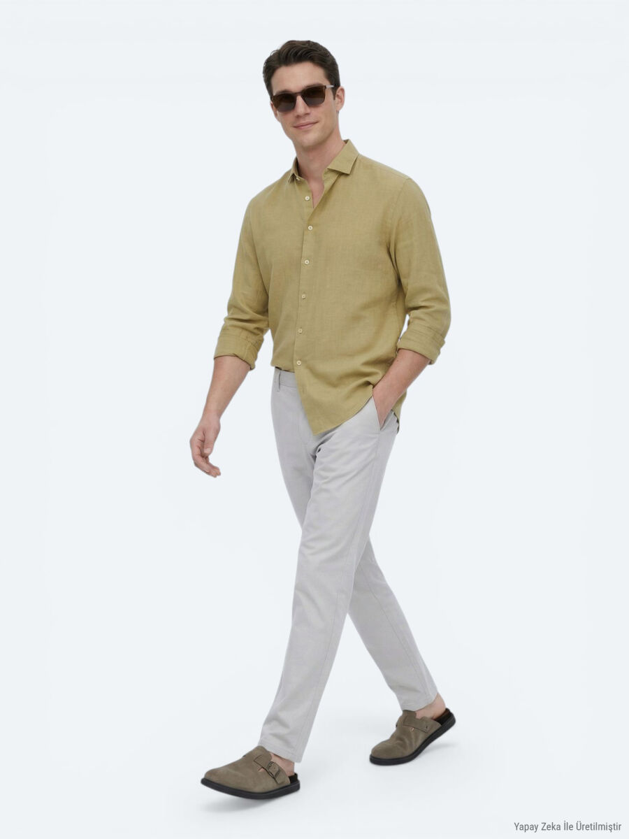 Limon Küfü Düz Regular Fit Uzun Dokuma Casual Pamuk Karışımlı Gömlek - 3