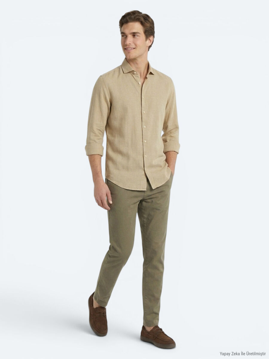 Limon Küfü Düz Regular Fit Uzun Dokuma Casual Pamuk Karışımlı Gömlek - 2