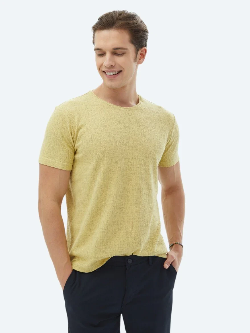 Limon Küfü Jakarlı Bisiklet Yaka Pamuk Karışımlı T-Shirt - 1