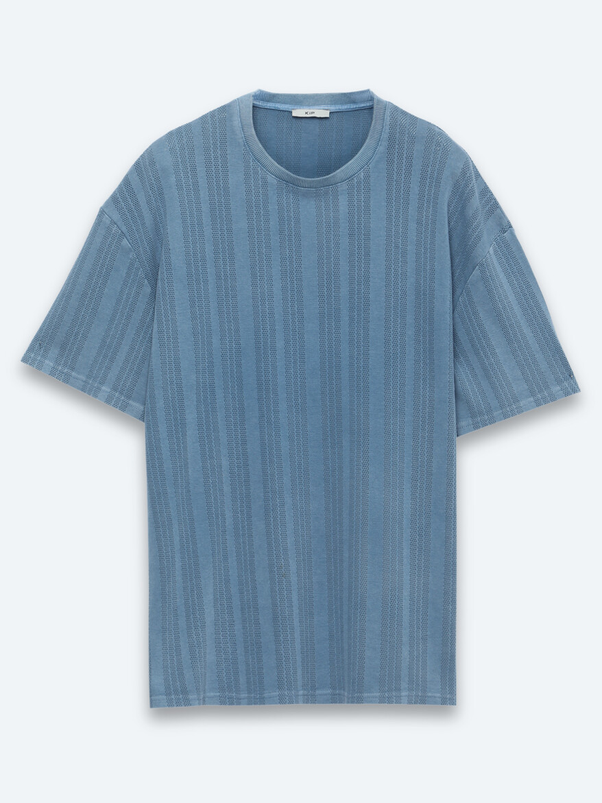 Mavi Çizgili %100 Pamuk T-Shirt - 5