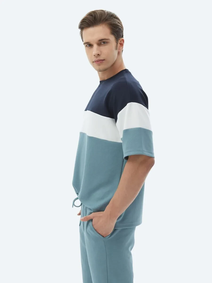 Mavi Çizgili Bisiklet Yaka T-Shirt - 3
