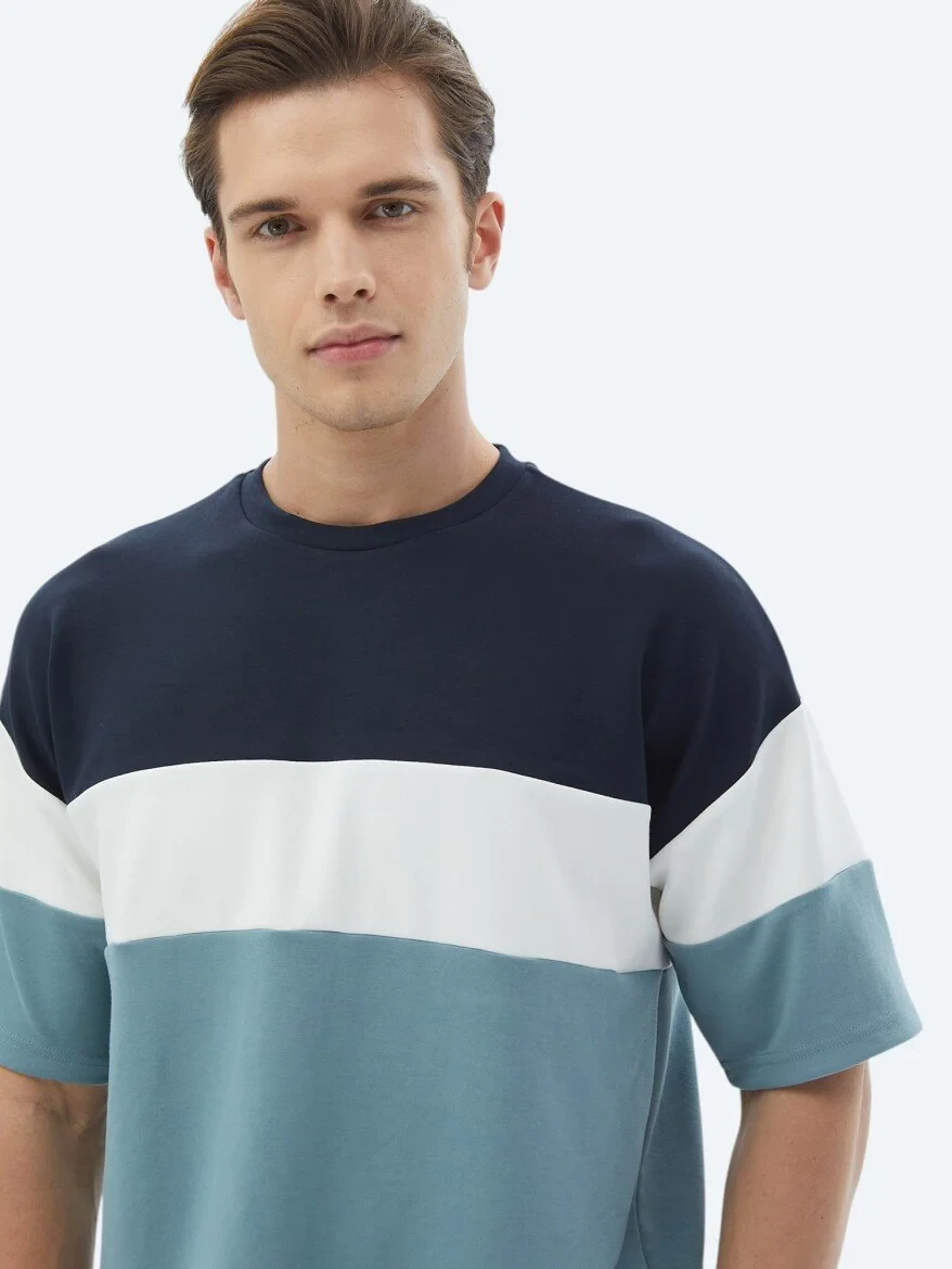 Mavi Çizgili Bisiklet Yaka T-Shirt - 4