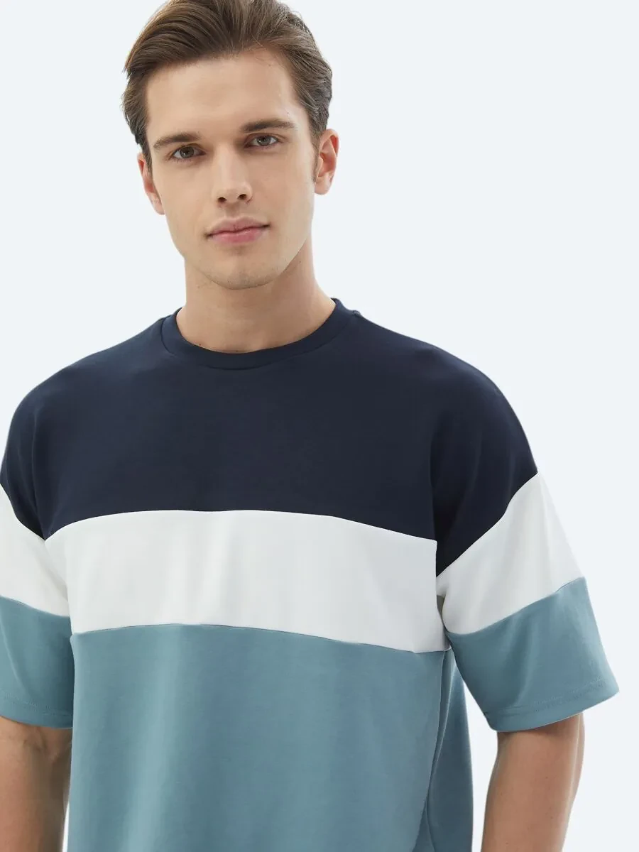 Mavi Çizgili Bisiklet Yaka T-Shirt - 4