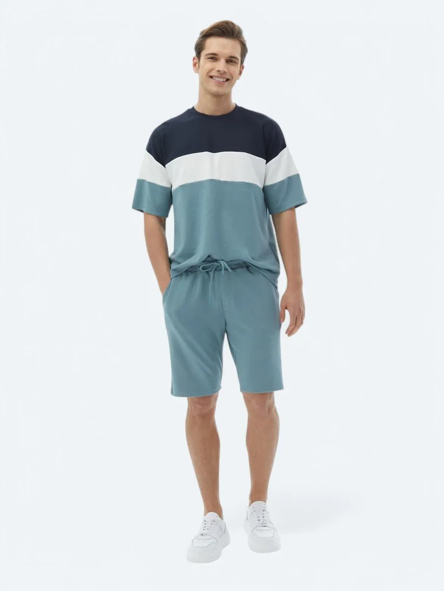 Mavi Çizgili Bisiklet Yaka T-Shirt - 5