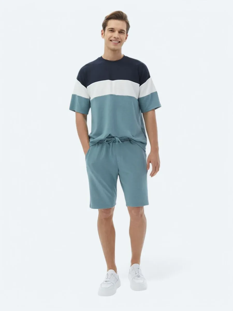 Mavi Çizgili Bisiklet Yaka T-Shirt - 5