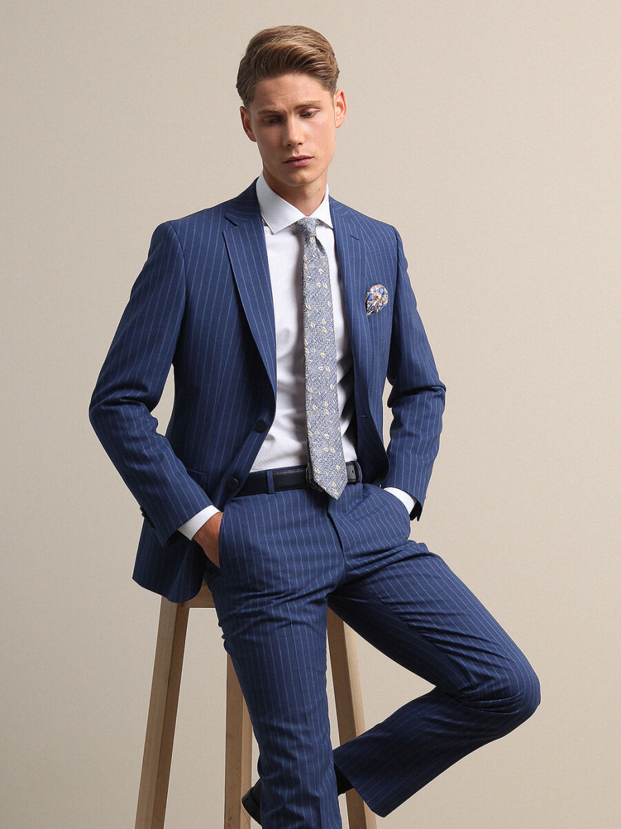 Mavi Çizgili Modern Fit Kırışmayan Yün Karışımlı Takım Elbise - 1