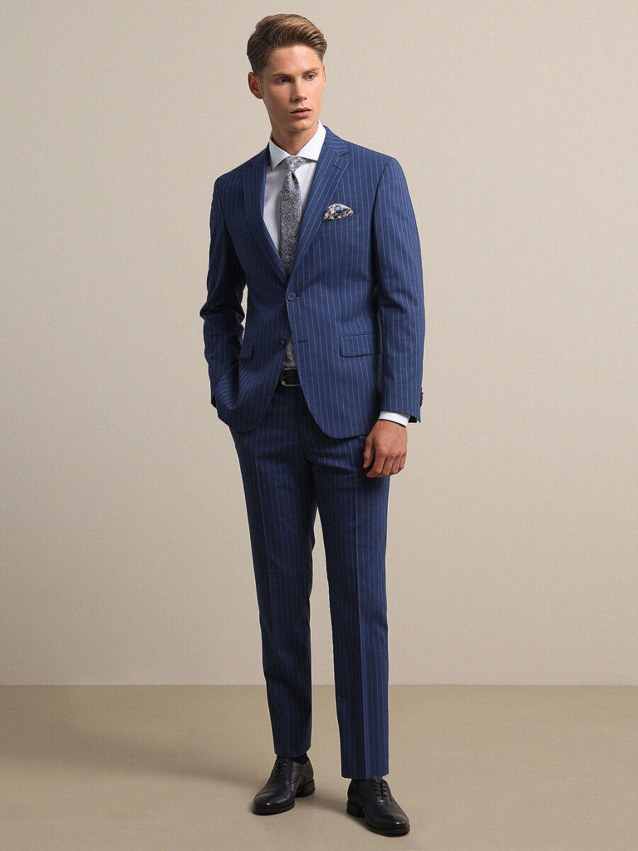 Mavi Çizgili Modern Fit Kırışmayan Yün Karışımlı Takım Elbise - 4