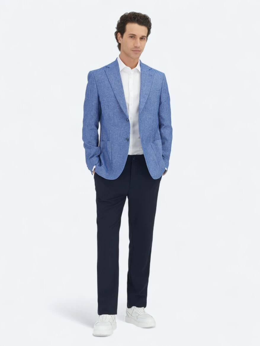 Mavi Çizgili Modern Fit Pamuk Karışımlı Ceket - KİP