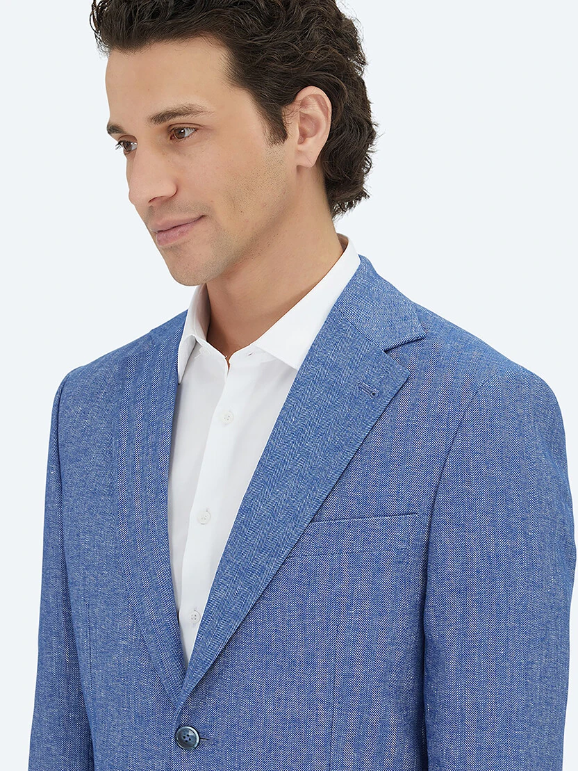 Mavi Çizgili Modern Fit Pamuk Karışımlı Ceket - 5