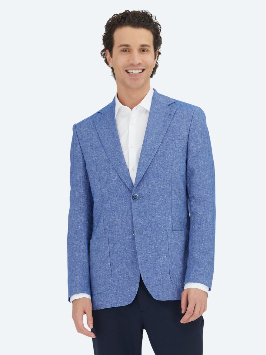 Mavi Çizgili Modern Fit Pamuk Karışımlı Ceket - 4